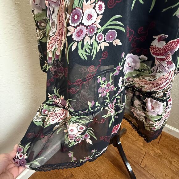 Fire Los Angeles Sheer Black Floral Bird Boho Long Sleeve Mini Dress Size 11 - Picture 4 of 8